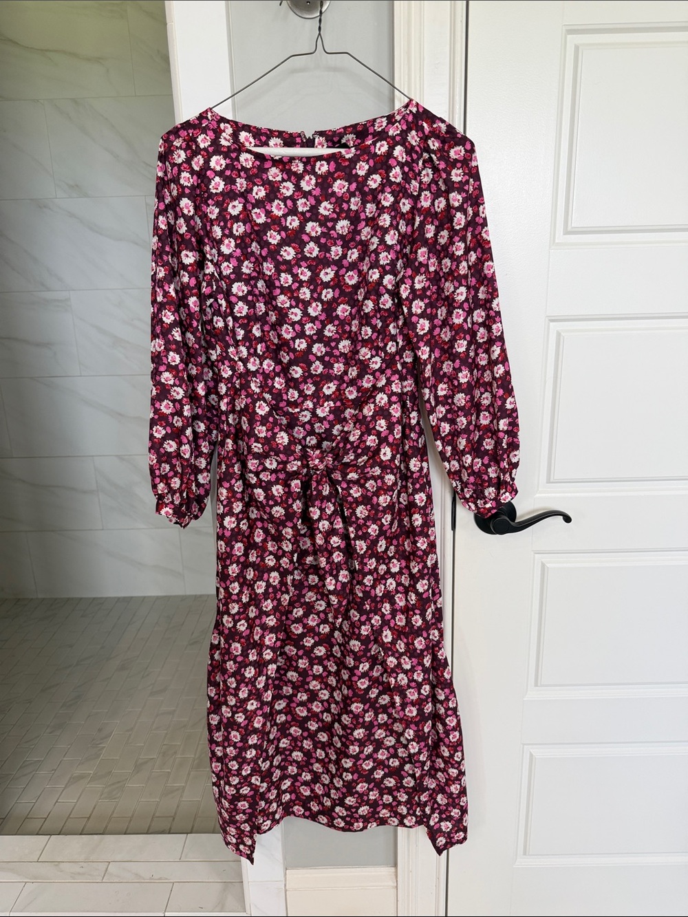 Tie-Waist Midi Dress in Burgundy Pink Floral Ann Taylor